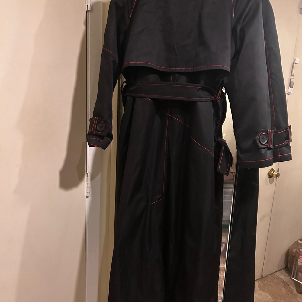 Womens navy and red trench Coat with Red Stitching